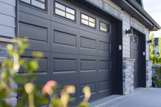 Black residential garage door with windows
